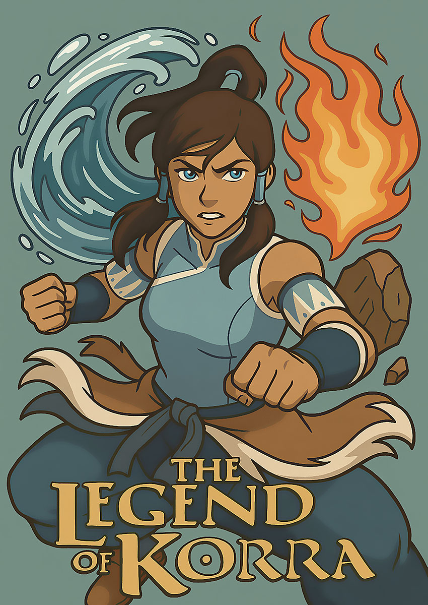 Dynamic artwork of The Legend of Korra character with water and fire elements surrounding her.